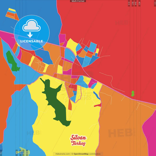 Silvan, Diyarbakır, Turkey Crazy Colorful Street Map Poster Template