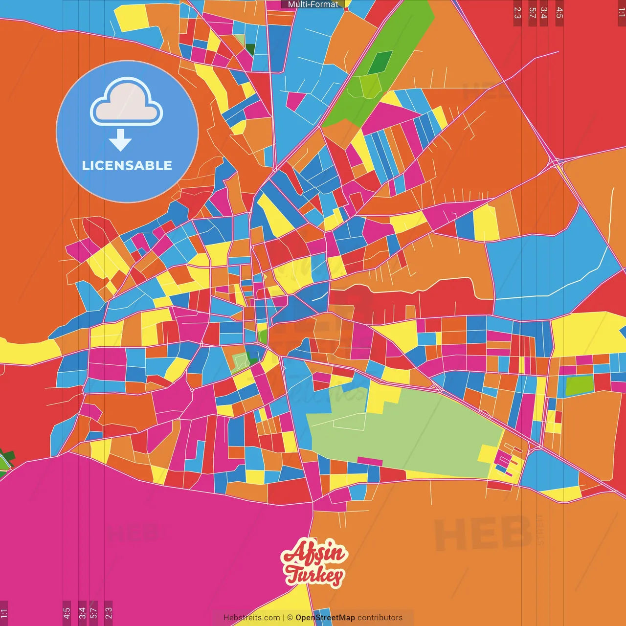 Afşin, Kahramanmaraş, Turkey Crazy Colorful Street Map Poster Template