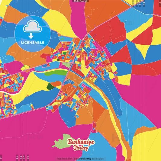 Burhaniye, Balıkesir, Turkey Crazy Colorful Street Map Poster Template