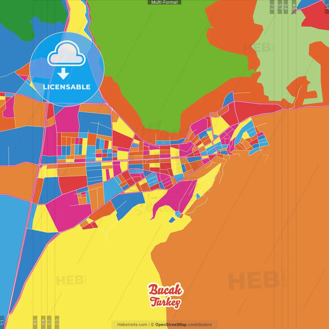 Bucak, Burdur, Turkey Crazy Colorful Street Map Poster Template