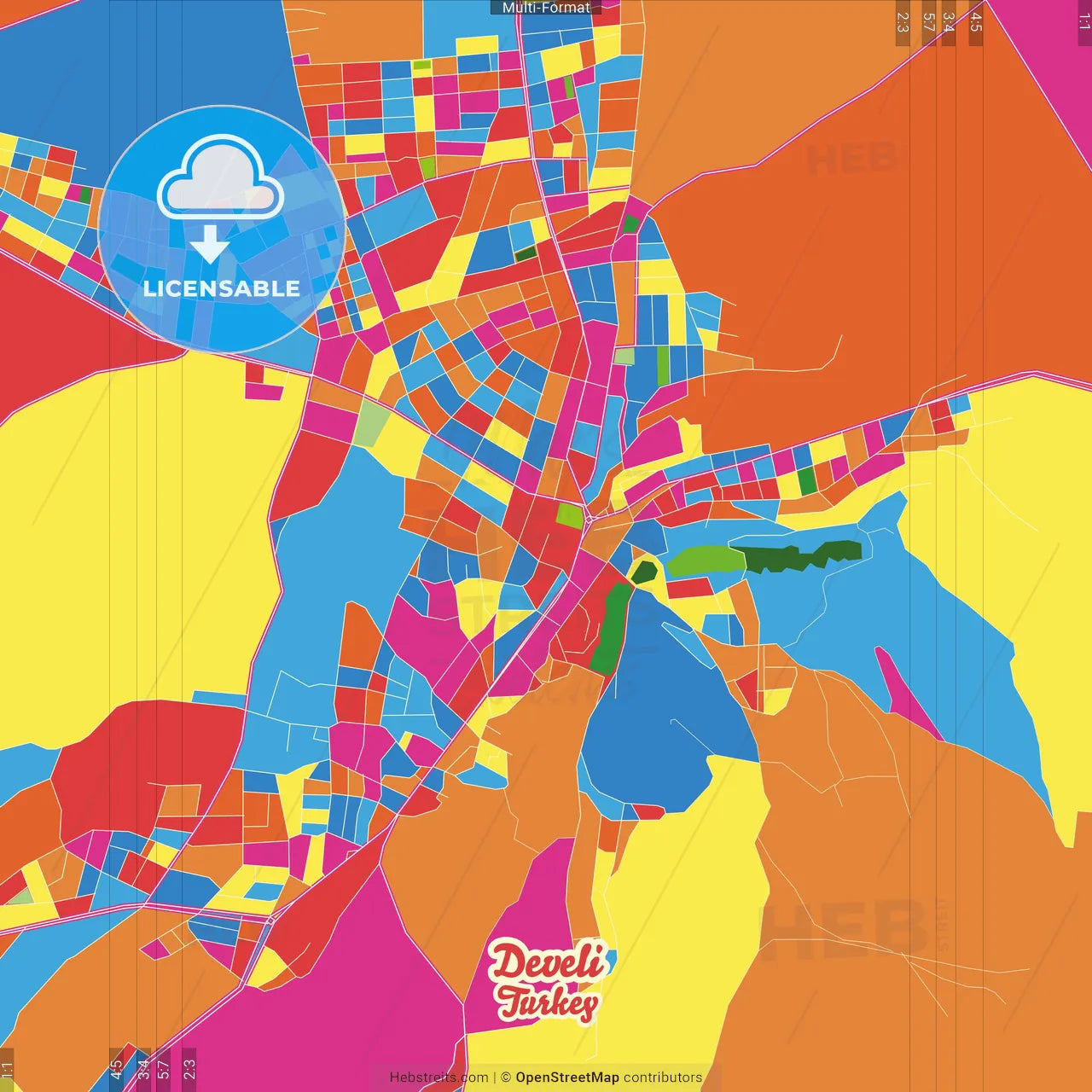Develi, Kayseri, Turkey Crazy Colorful Street Map Poster Template