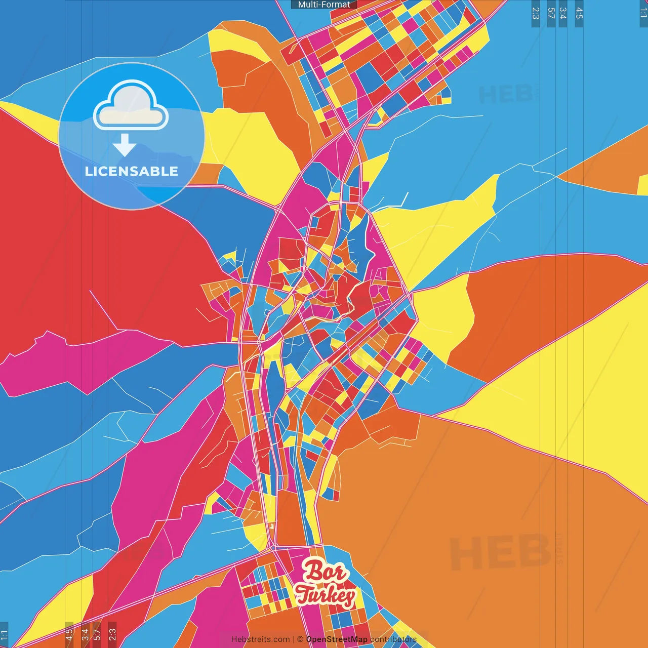Bor, Niğde, Turkey Crazy Colorful Street Map Poster Template