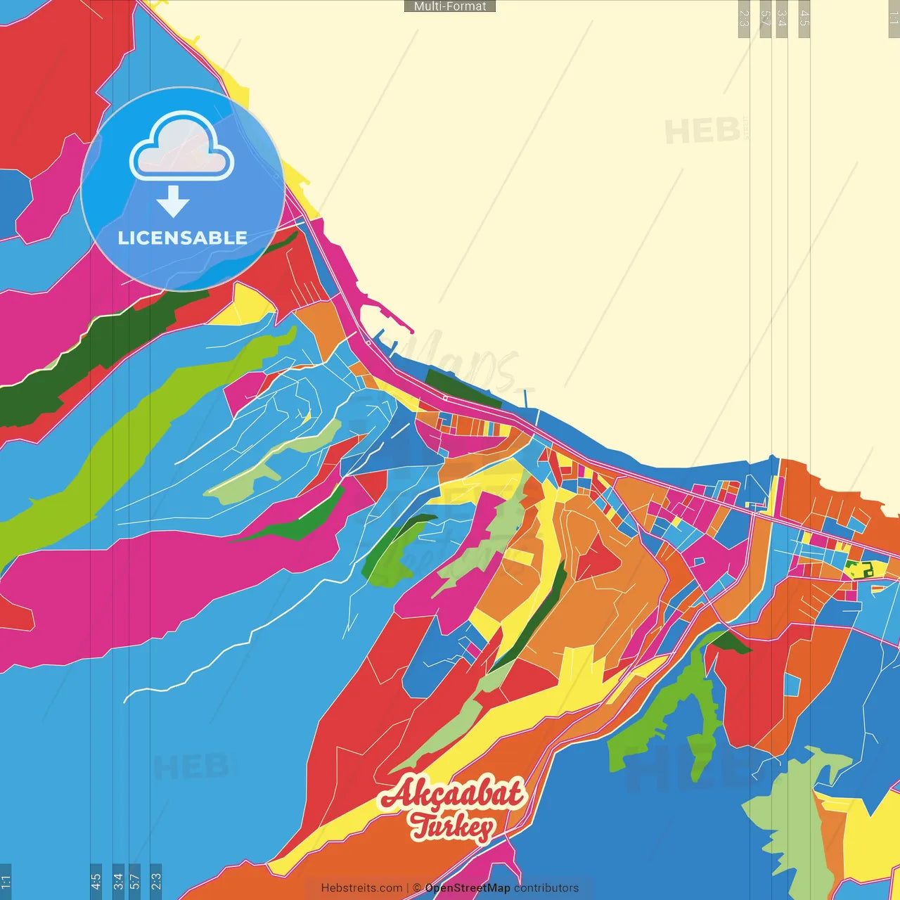 Akçaabat, Trabzon, Turkey Crazy Colorful Street Map Poster Template