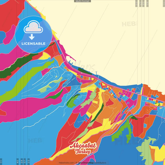 Akçaabat, Trabzon, Turkey Crazy Colorful Street Map Poster Template