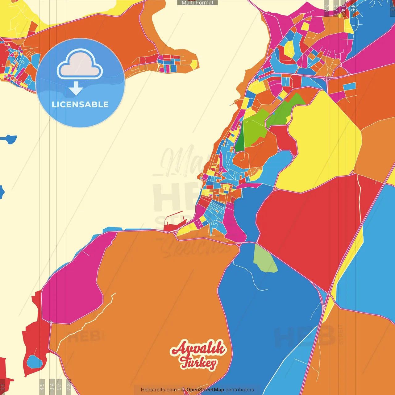 Ayvalık, Balıkesir, Turkey Crazy Colorful Street Map Poster Template