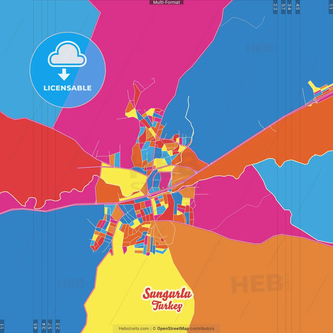 Sungurlu, Çorum, Turkey Crazy Colorful Street Map Poster Template