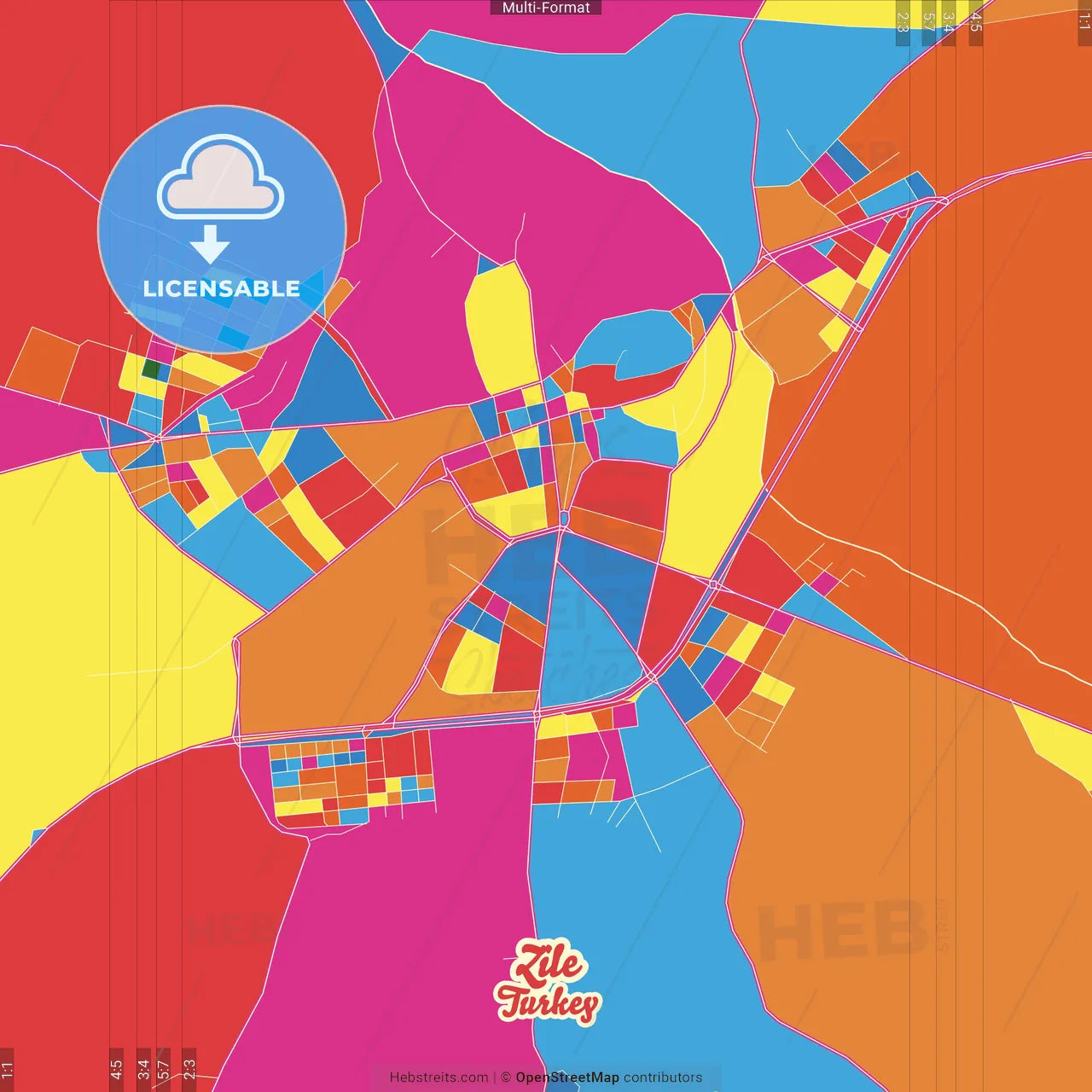 Zile, Tokat, Turkey Crazy Colorful Street Map Poster Template