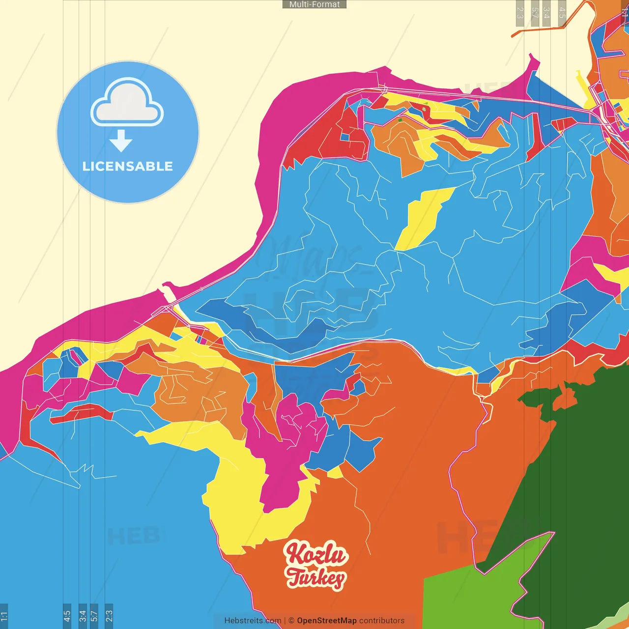 Kozlu, Zonguldak, Turkey Crazy Colorful Street Map Poster Template