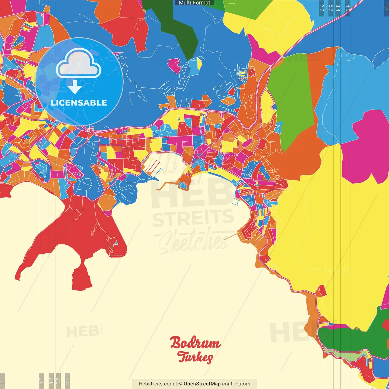 Bodrum, Muğla, Turkey Crazy Colorful Street Map Poster Template