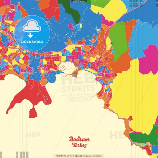 Bodrum, Muğla, Turkey Crazy Colorful Street Map Poster Template