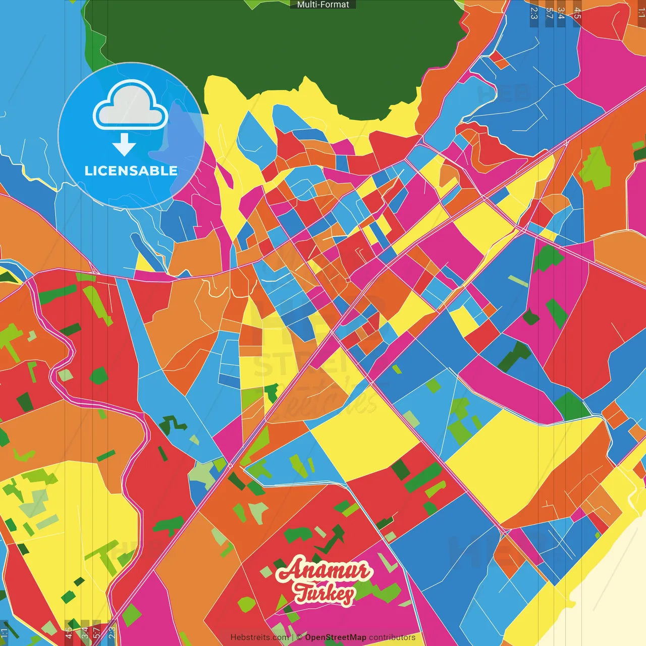 Anamur, Mersin, Turkey Crazy Colorful Street Map Poster Template