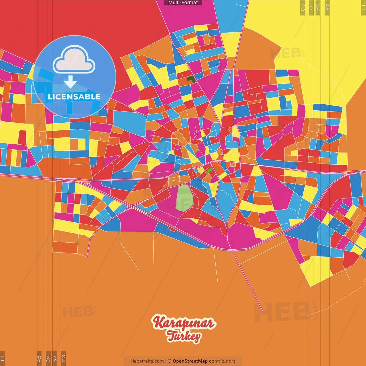 Karapınar, Konya, Turkey Crazy Colorful Street Map Poster Template