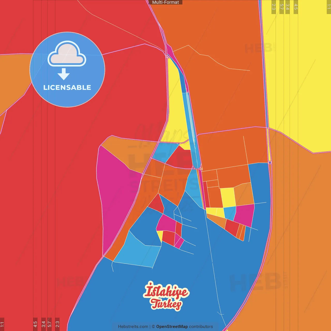 İslahiye, Gaziantep, Turkey Crazy Colorful Street Map Poster Template