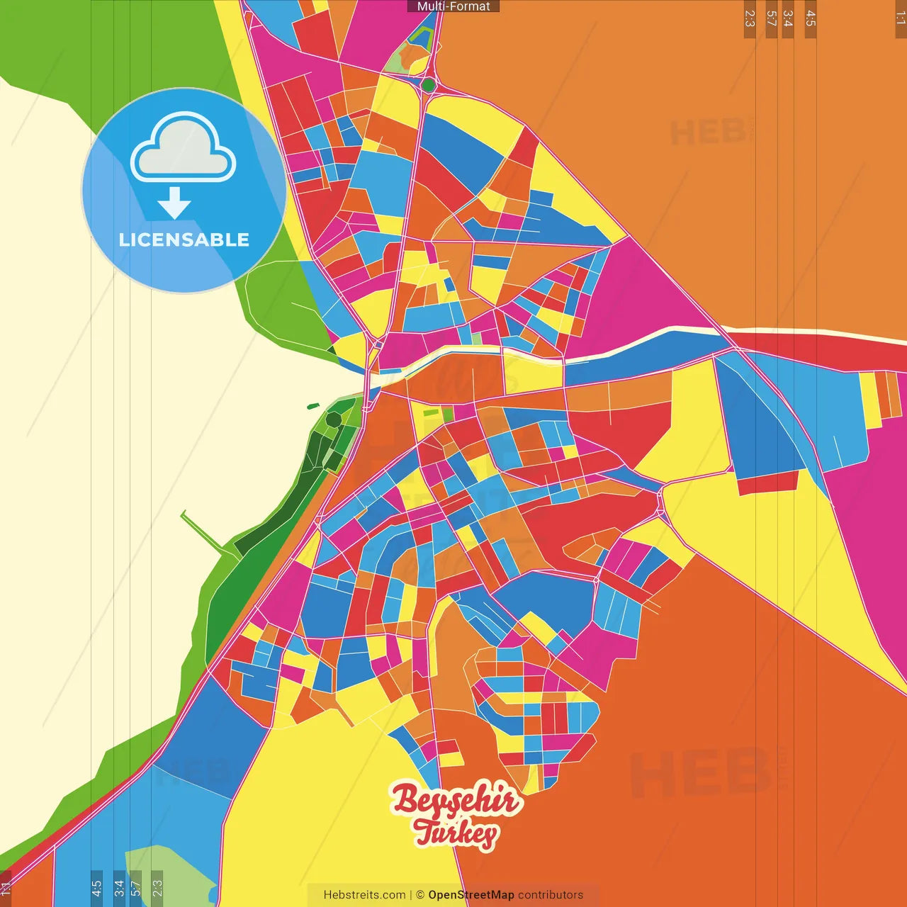 Beyşehir, Konya, Turkey Crazy Colorful Street Map Poster Template