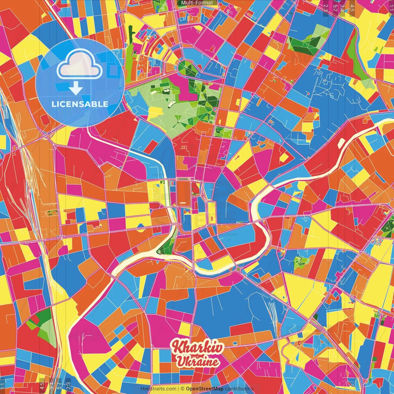 Kharkiv, Kharkiv Oblast, Ukraine Crazy Colorful Street Map Poster Template