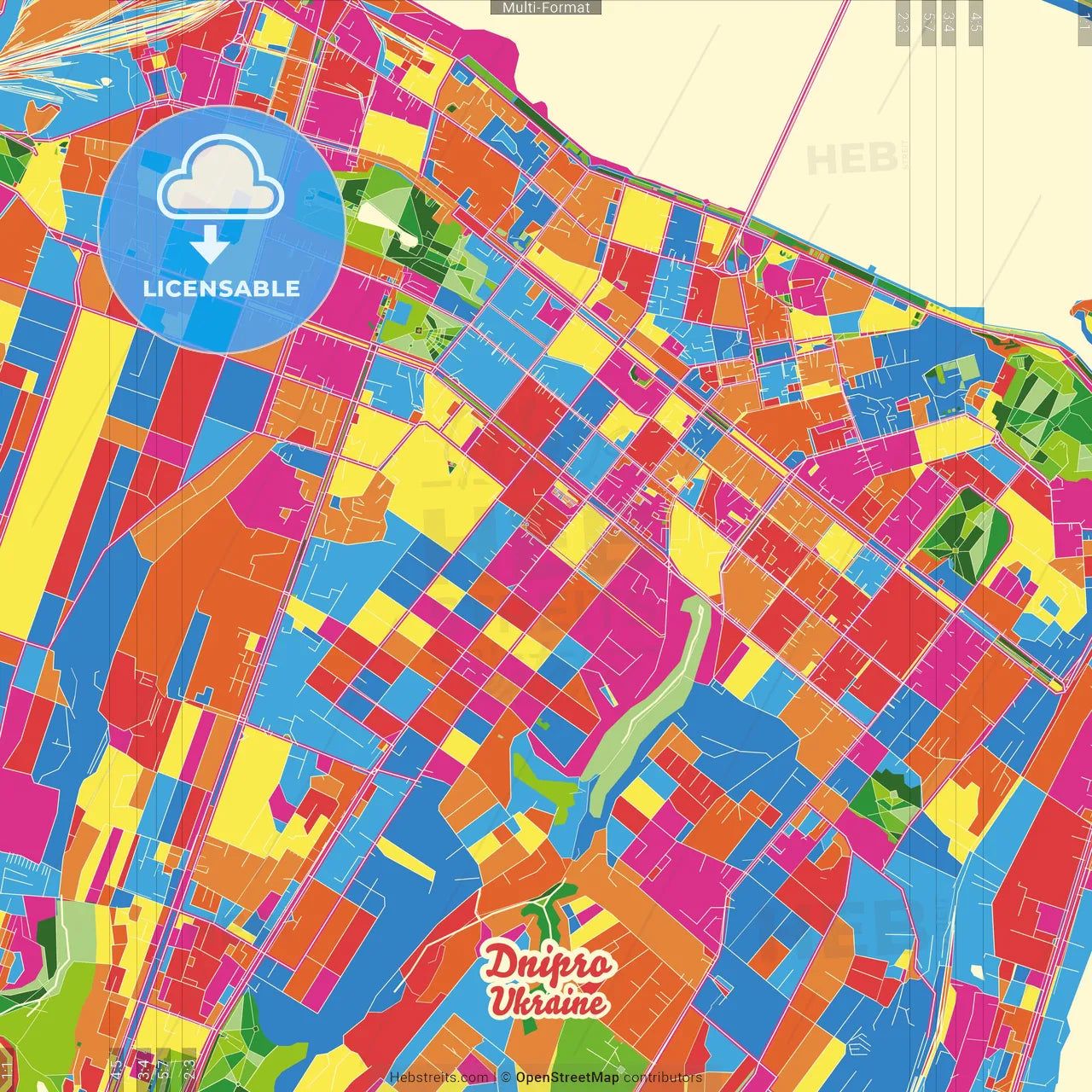 Dnipro, Dnipropetrovsk Oblast, Ukraine Crazy Colorful Street Map Poster Template