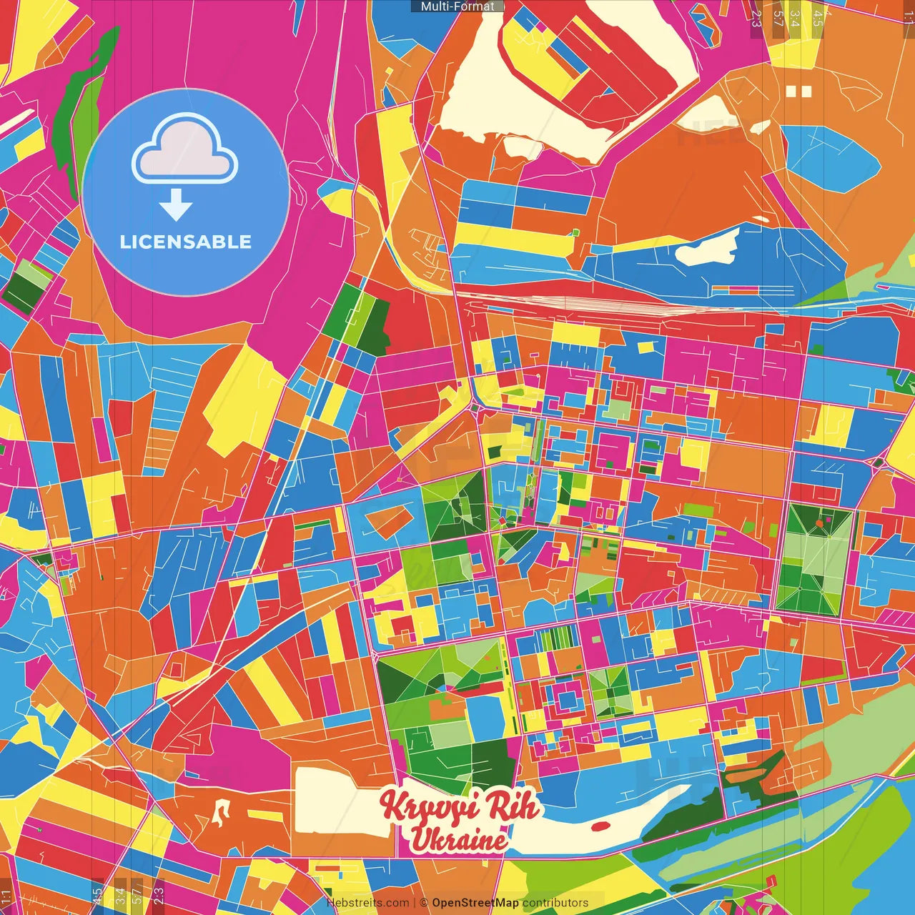 Kryvyi Rih, Dnipropetrovsk Oblast, Ukraine Crazy Colorful Street Map Poster Template
