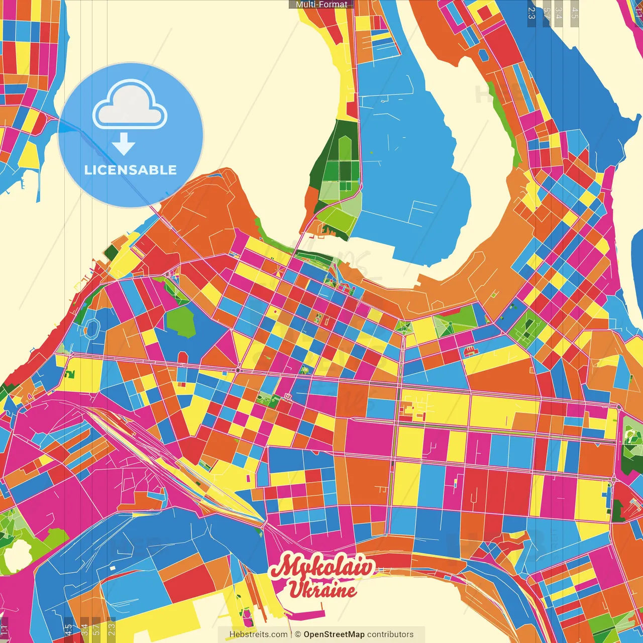 Mykolaiv, Mykolaiv Oblast, Ukraine Crazy Colorful Street Map Poster Template