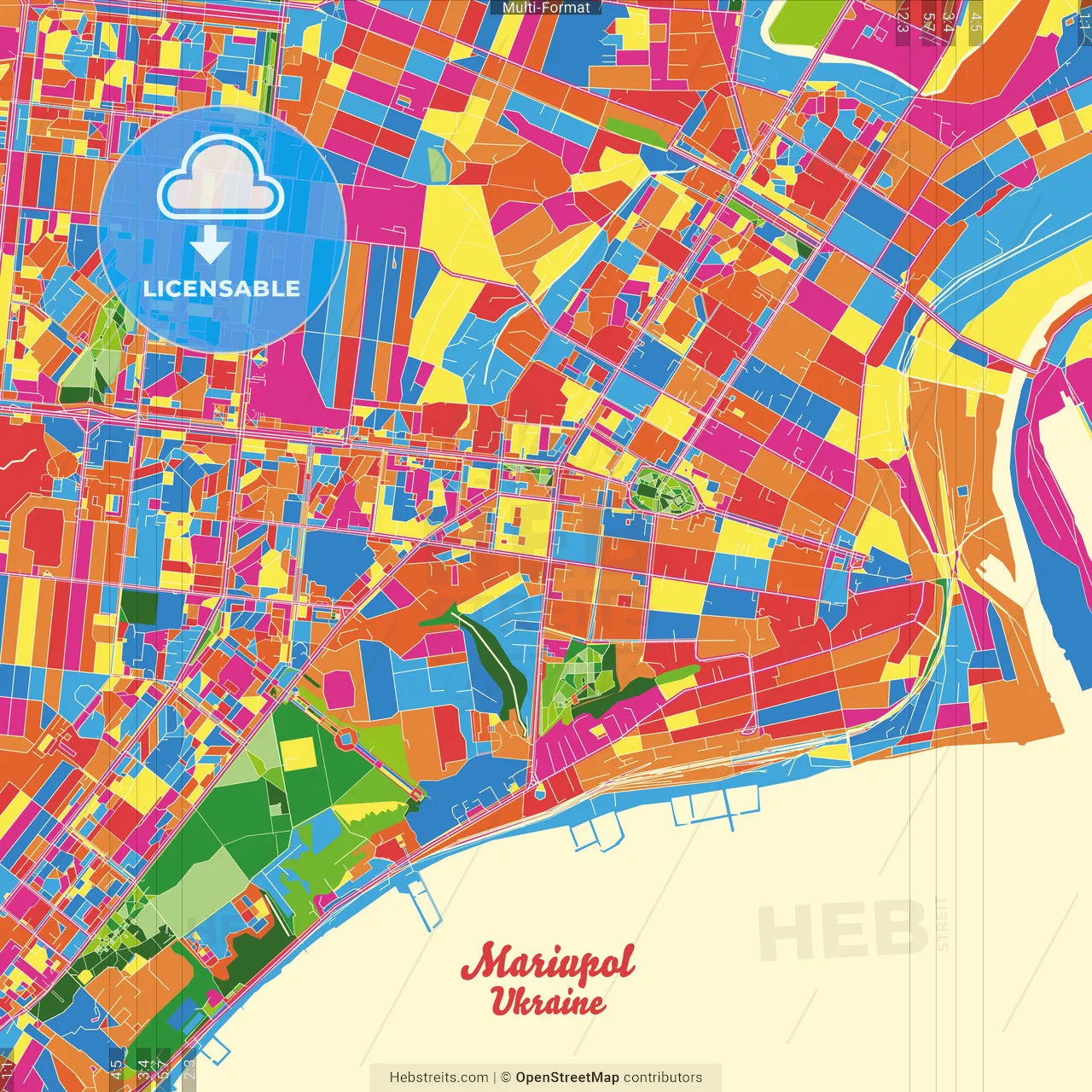 Mariupol, Donetsk Oblast, Ukraine Crazy Colorful Street Map Poster Template