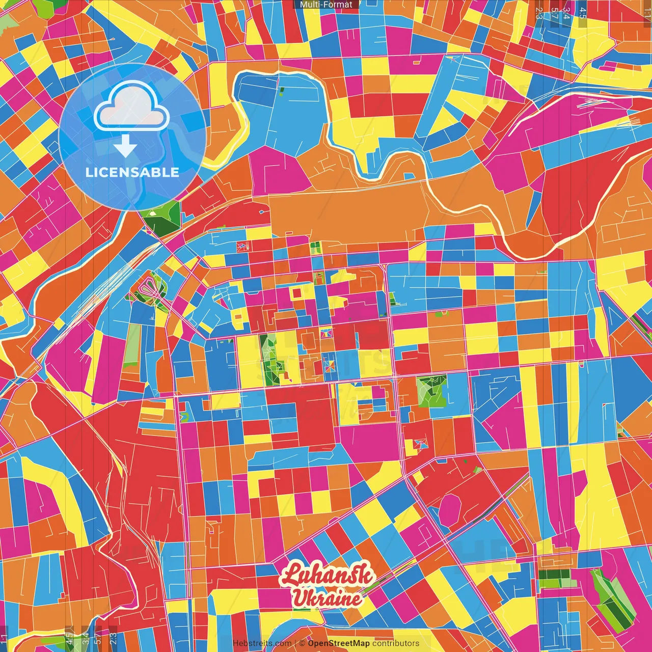 Luhansk, Luhansk Oblast, Ukraine Crazy Colorful Street Map Poster Template