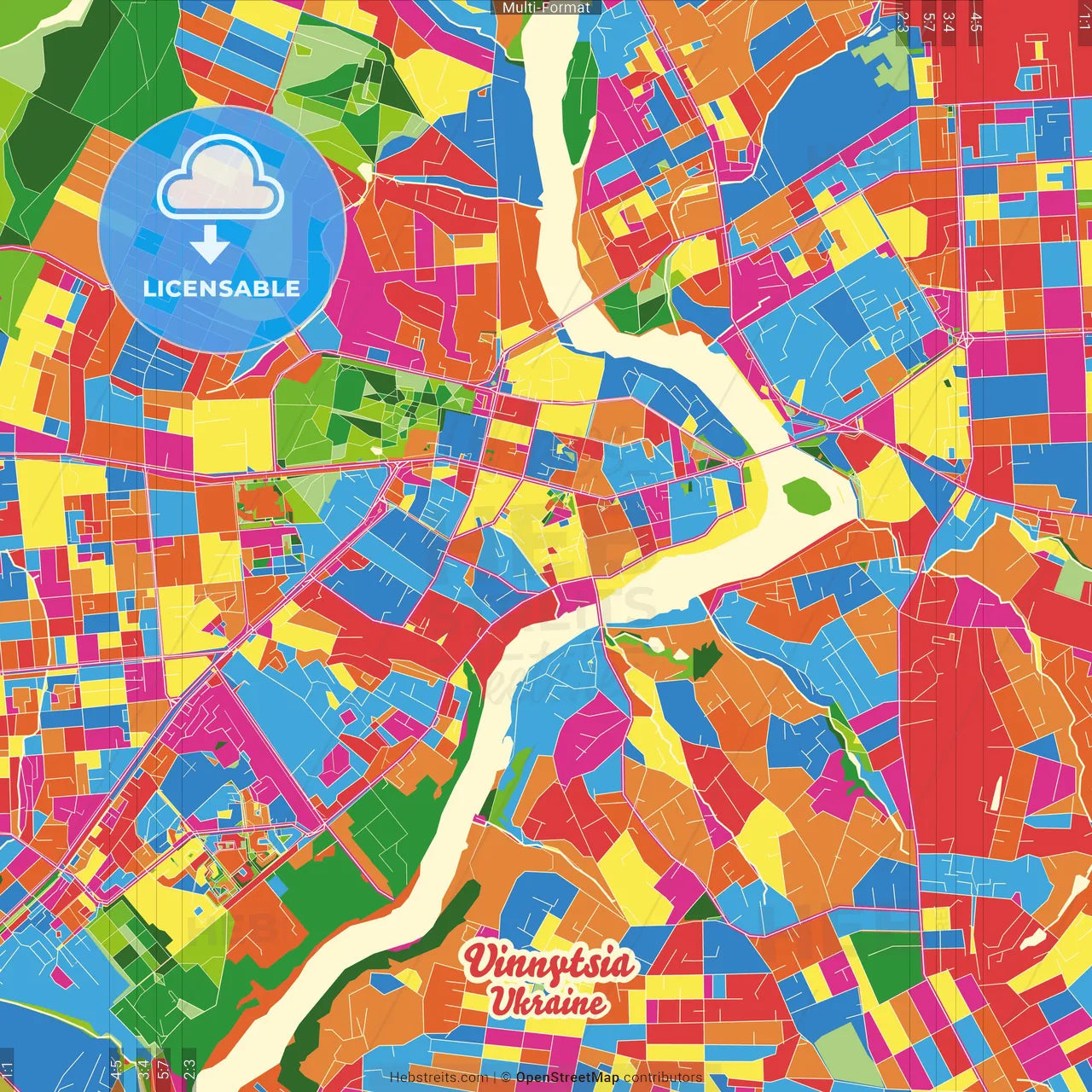 Vinnytsia, Vinnytsia Oblast, Ukraine Crazy Colorful Street Map Poster Template