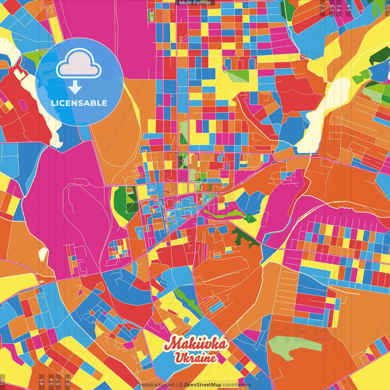 Makiivka, Donetsk Oblast, Ukraine Crazy Colorful Street Map Poster Template