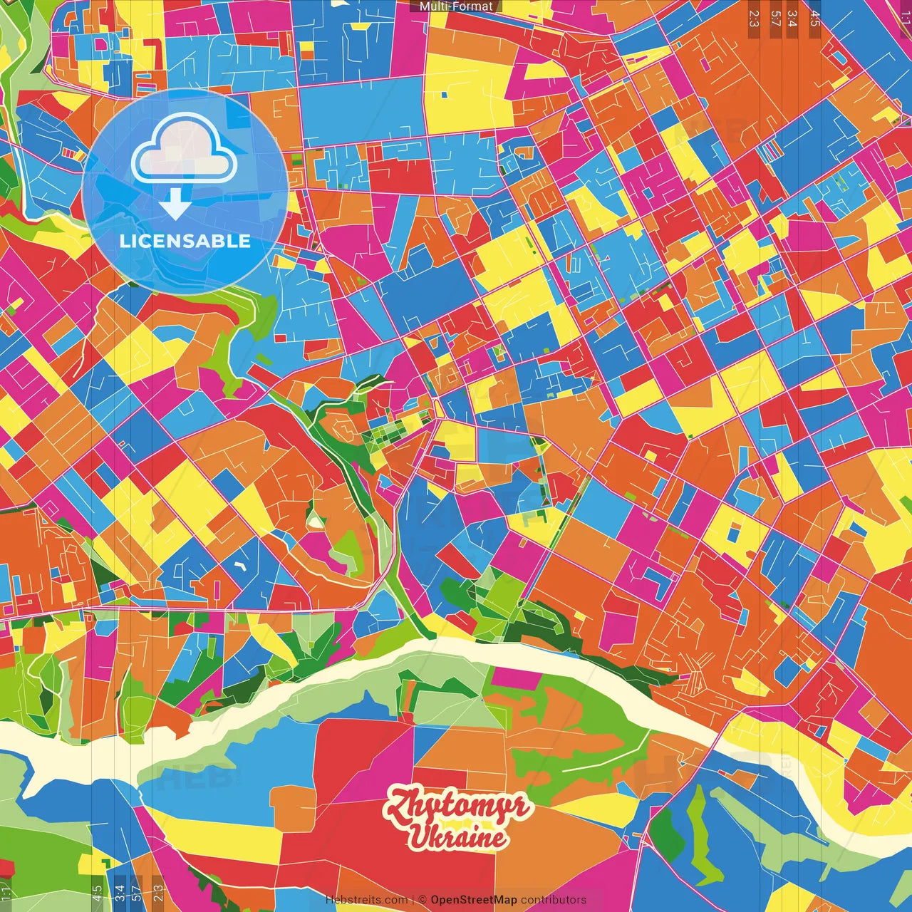 Zhytomyr, Zhytomyr Oblast, Ukraine Crazy Colorful Street Map Poster Template