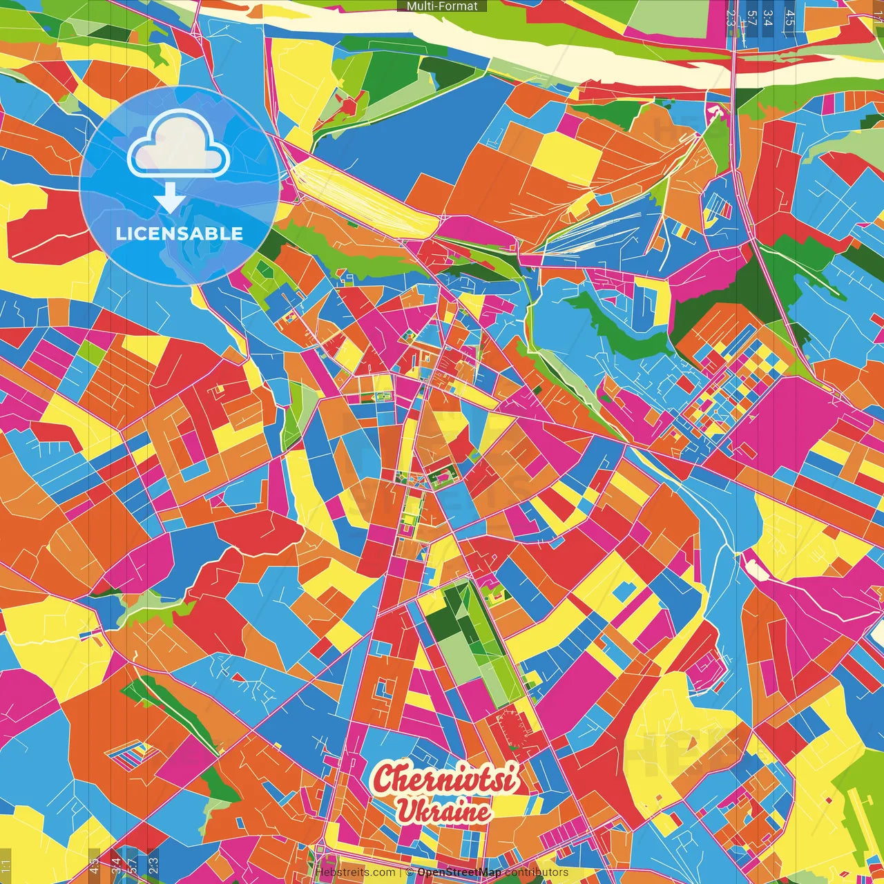 Chernivtsi, Chernivtsi Oblast, Ukraine Crazy Colorful Street Map Poster Template