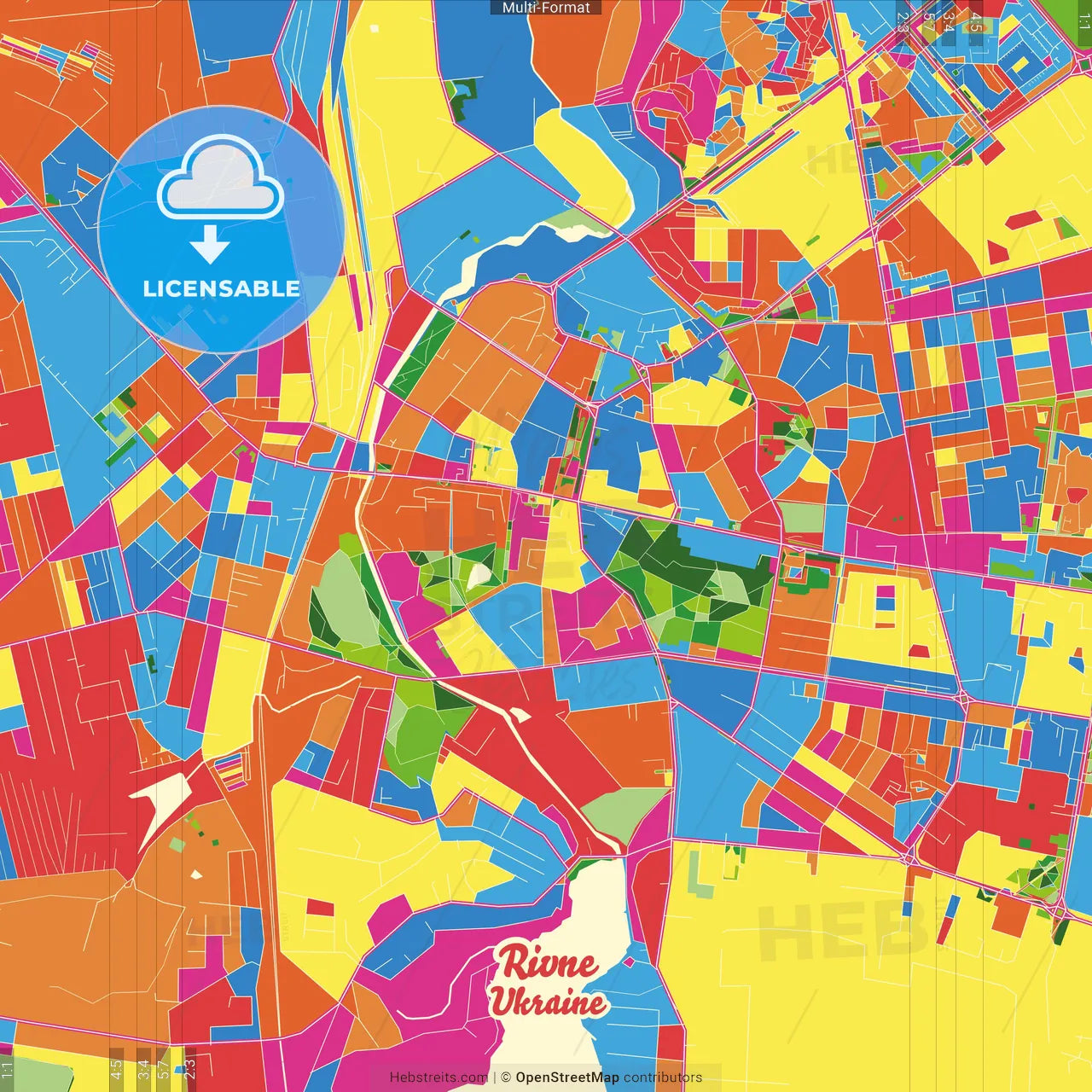Rivne, Rivne Oblast, Ukraine Crazy Colorful Street Map Poster Template