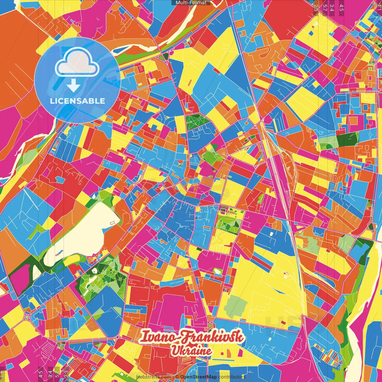 Ivano-Frankivsk, Ivano-Frankivsk Oblast, Ukraine Crazy Colorful Street Map Poster Template