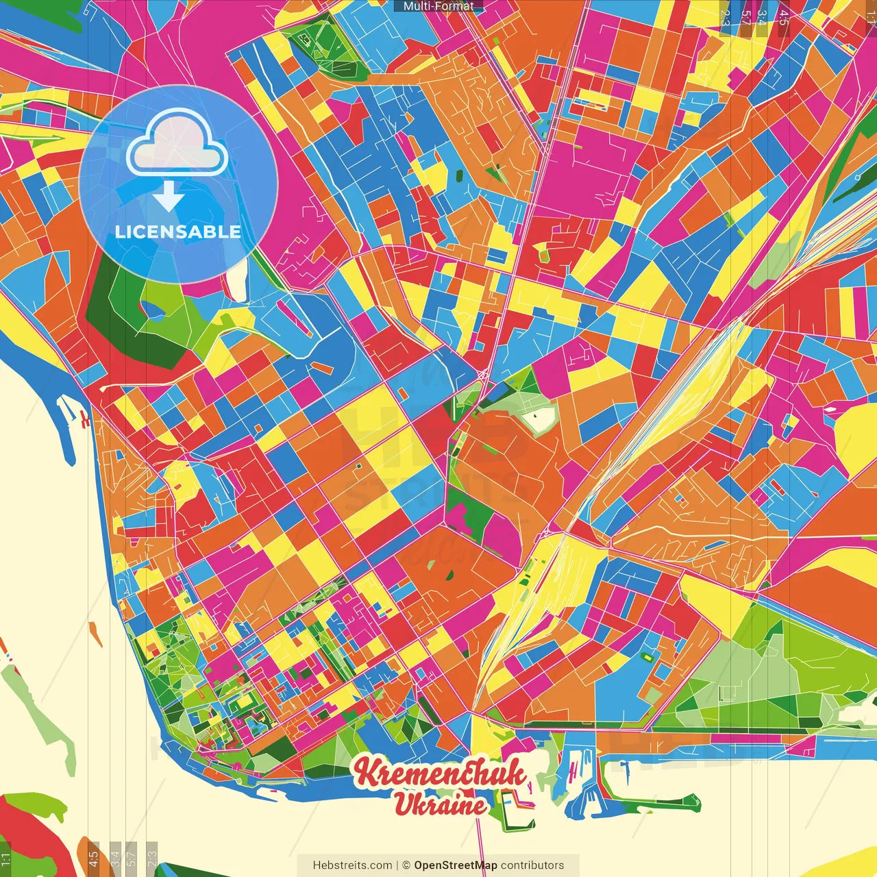 Kremenchuk, Poltava Oblast, Ukraine Crazy Colorful Street Map Poster Template