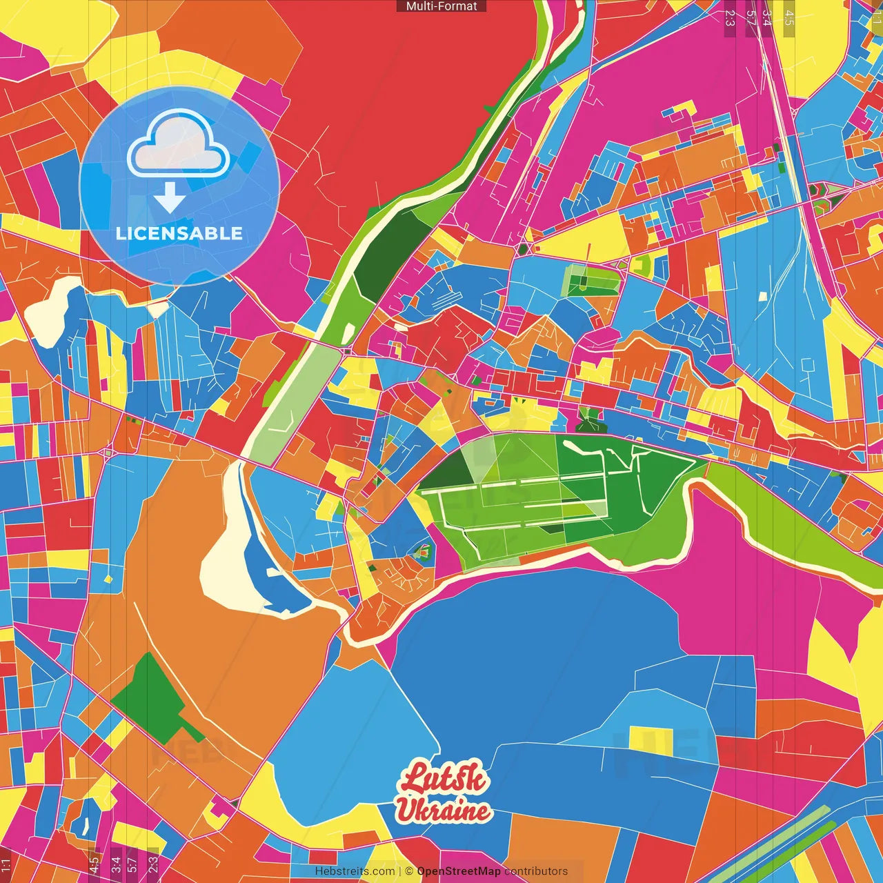 Lutsk, Volyn Oblast, Ukraine Crazy Colorful Street Map Poster Template