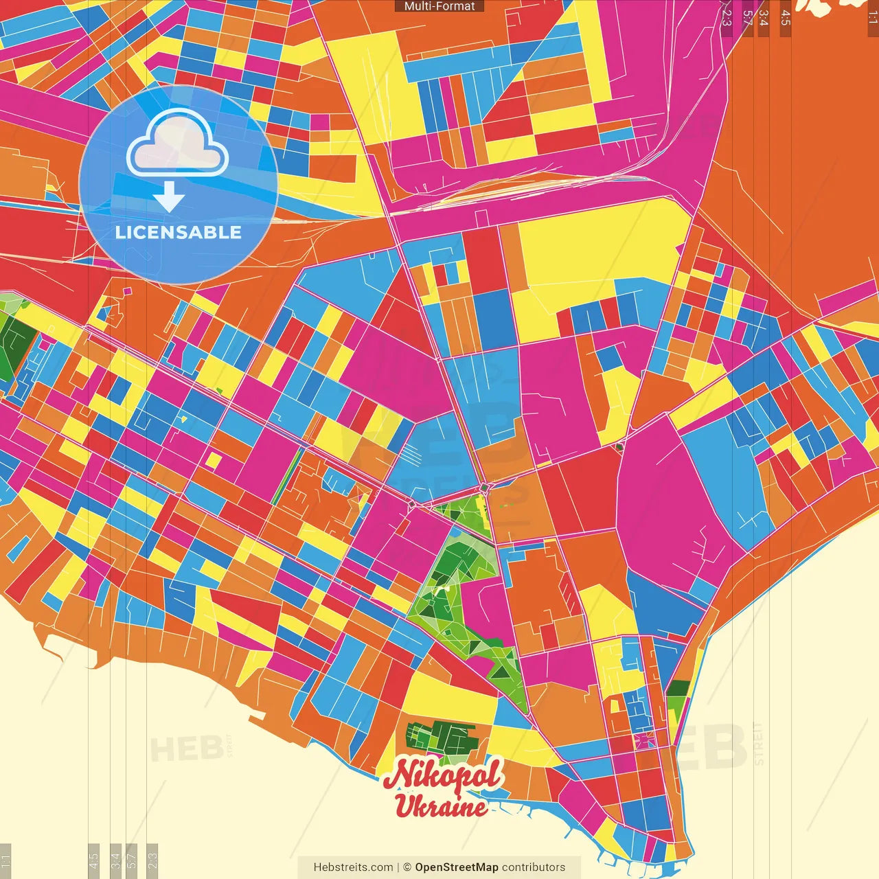 Nikopol, Dnipropetrovsk Oblast, Ukraine Crazy Colorful Street Map Poster Template