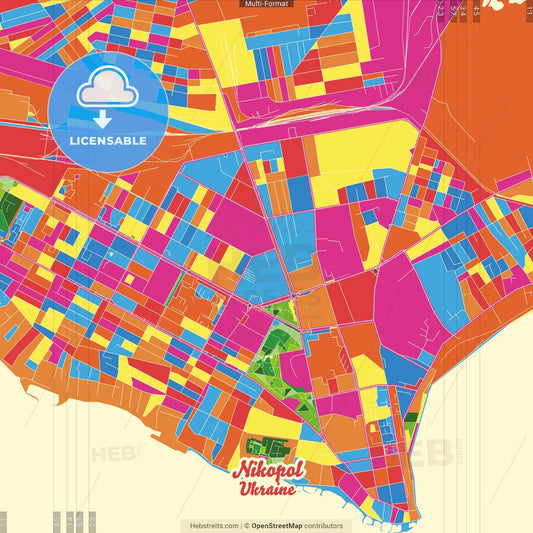 Nikopol, Dnipropetrovsk Oblast, Ukraine Crazy Colorful Street Map Poster Template