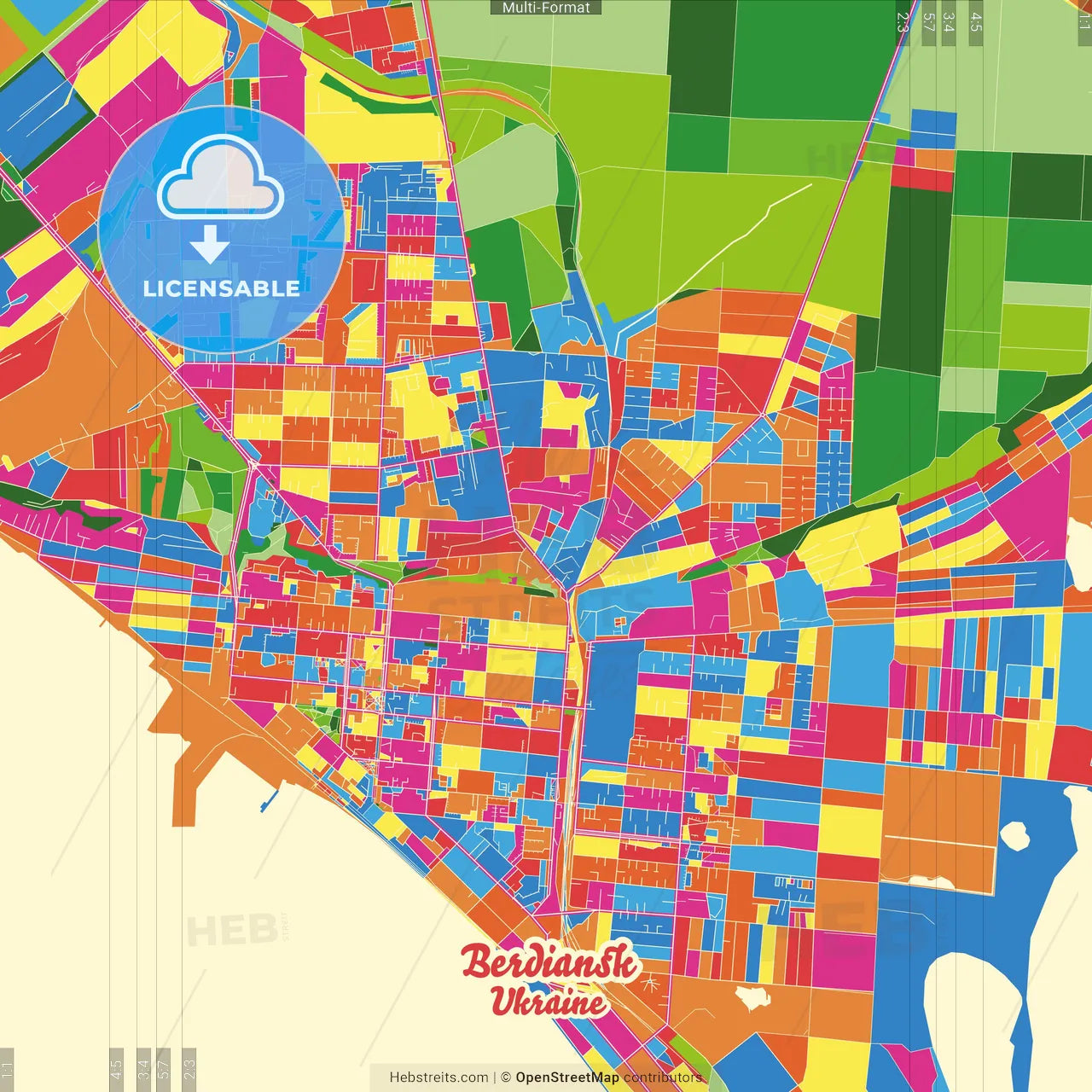 Berdiansk, Zaporizhia Oblast, Ukraine Crazy Colorful Street Map Poster Template