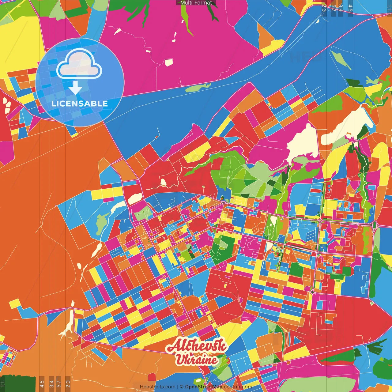 Alchevsk, Luhansk Oblast, Ukraine Crazy Colorful Street Map Poster Template