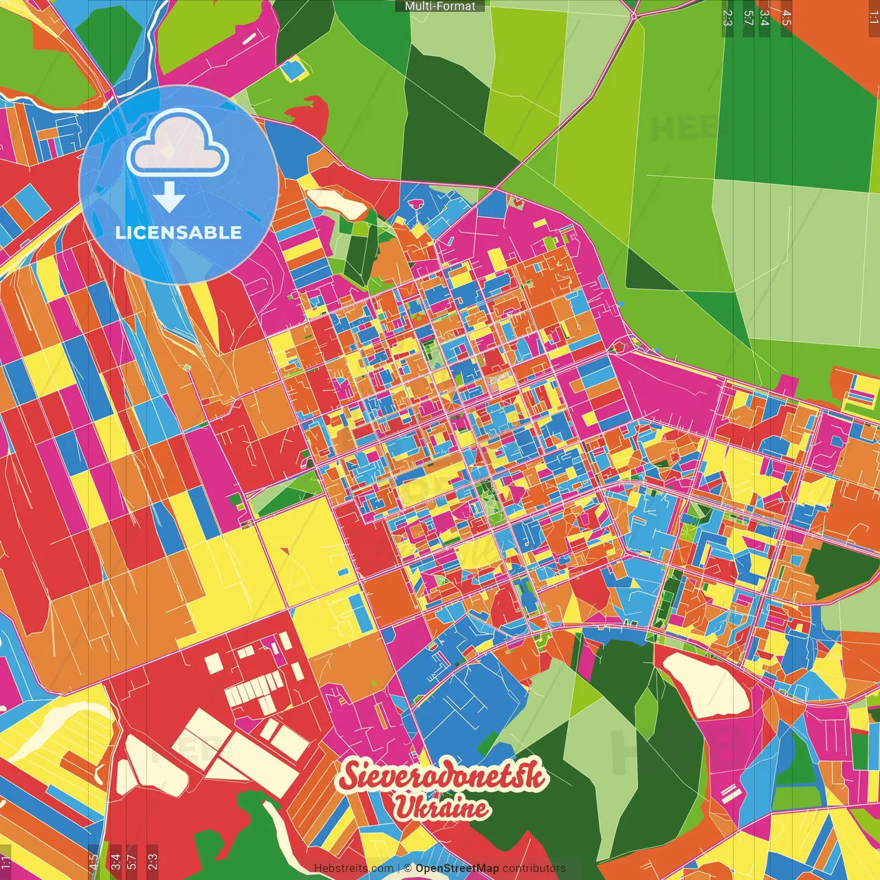 Sieverodonetsk, Luhansk Oblast, Ukraine Crazy Colorful Street Map Poster Template