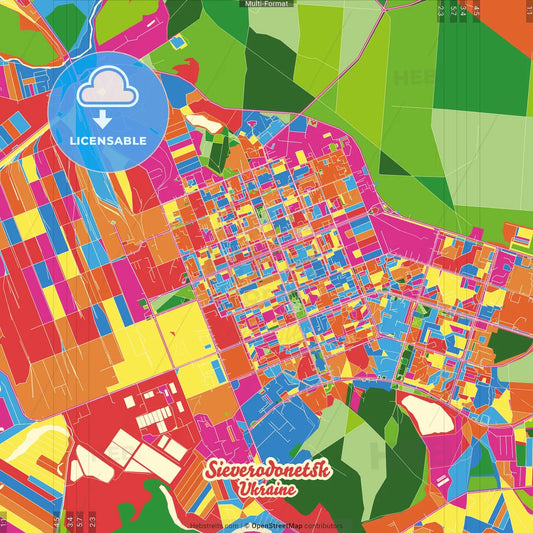 Sieverodonetsk, Luhansk Oblast, Ukraine Crazy Colorful Street Map Poster Template