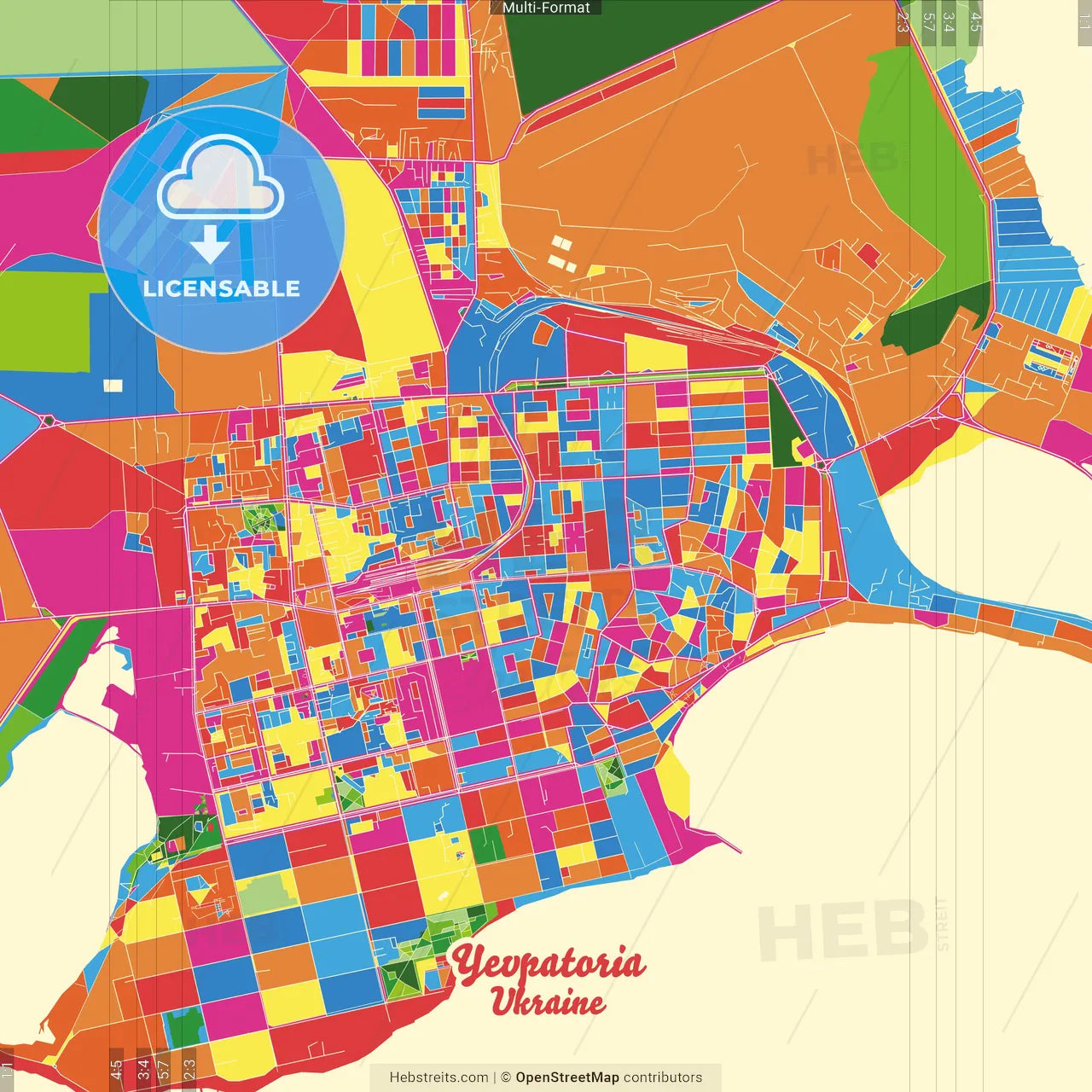 Yevpatoria, Crimea, Ukraine Crazy Colorful Street Map Poster Template
