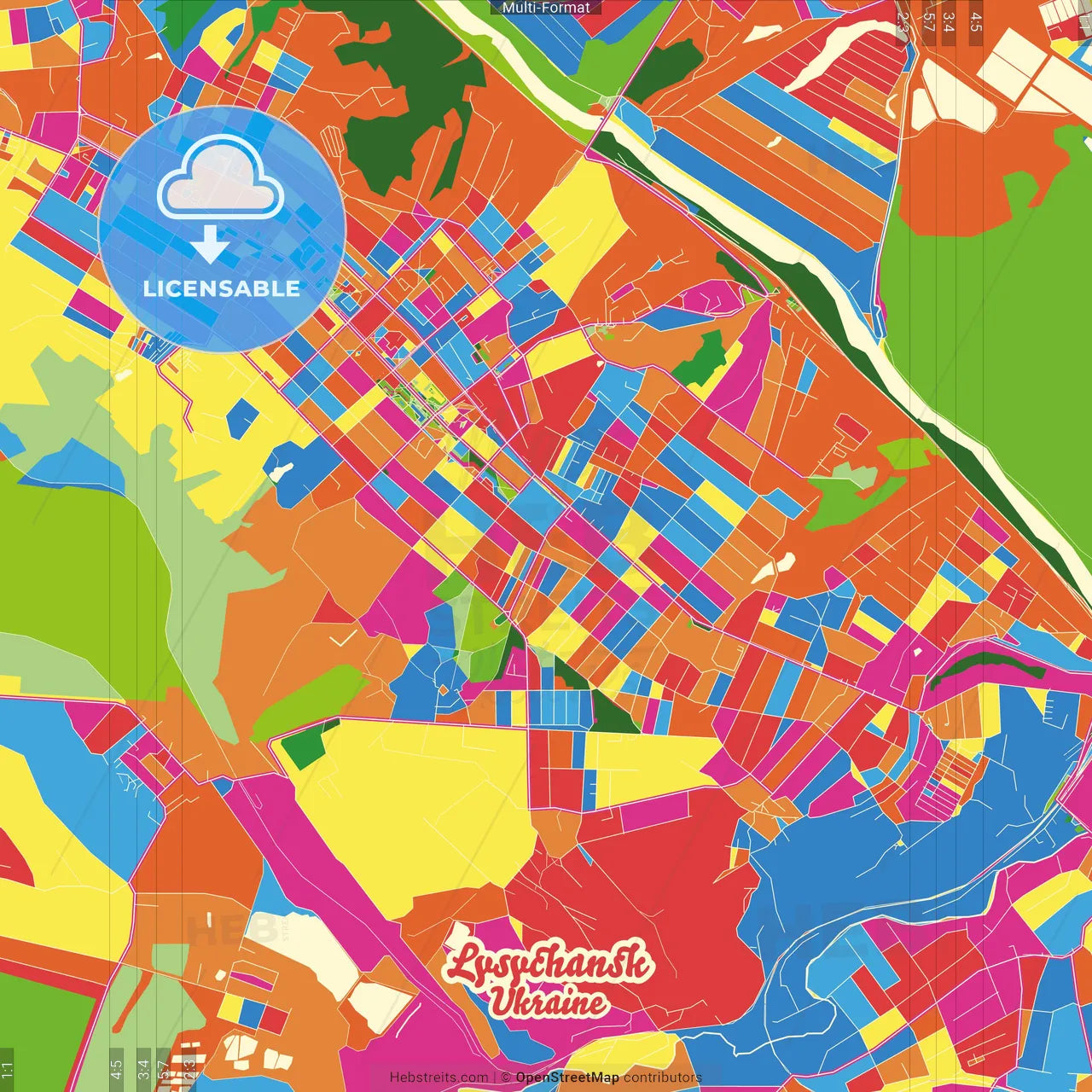 Lysychansk, Luhansk Oblast, Ukraine Crazy Colorful Street Map Poster Template