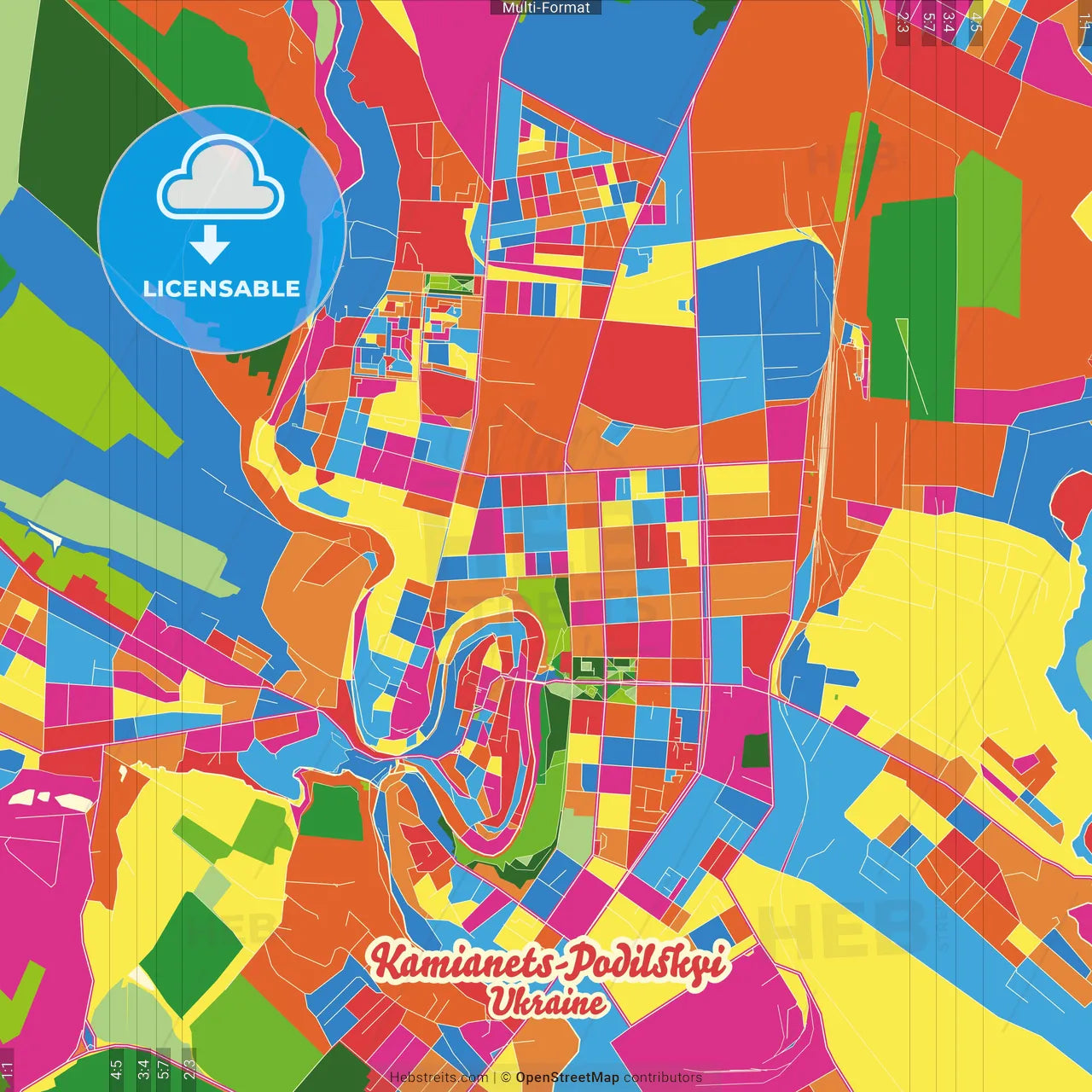 Kamianets-Podilskyi, Khmelnytskyi Oblast, Ukraine Crazy Colorful Street Map Poster Template