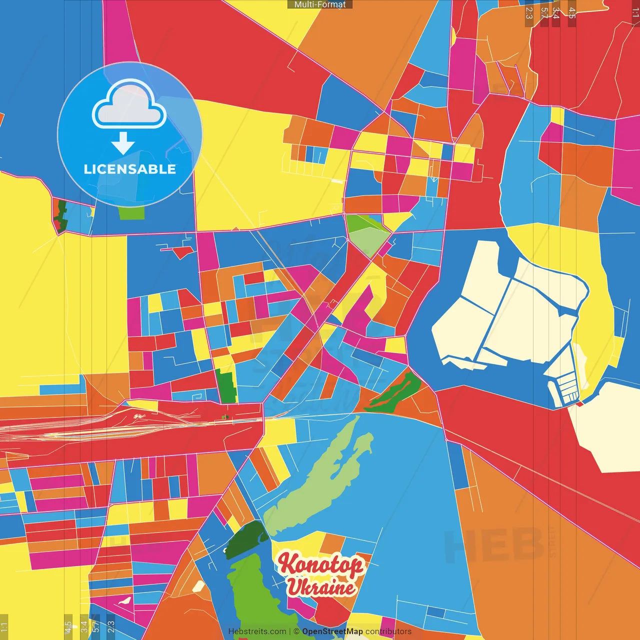 Konotop, Sumy Oblast, Ukraine Crazy Colorful Street Map Poster Template
