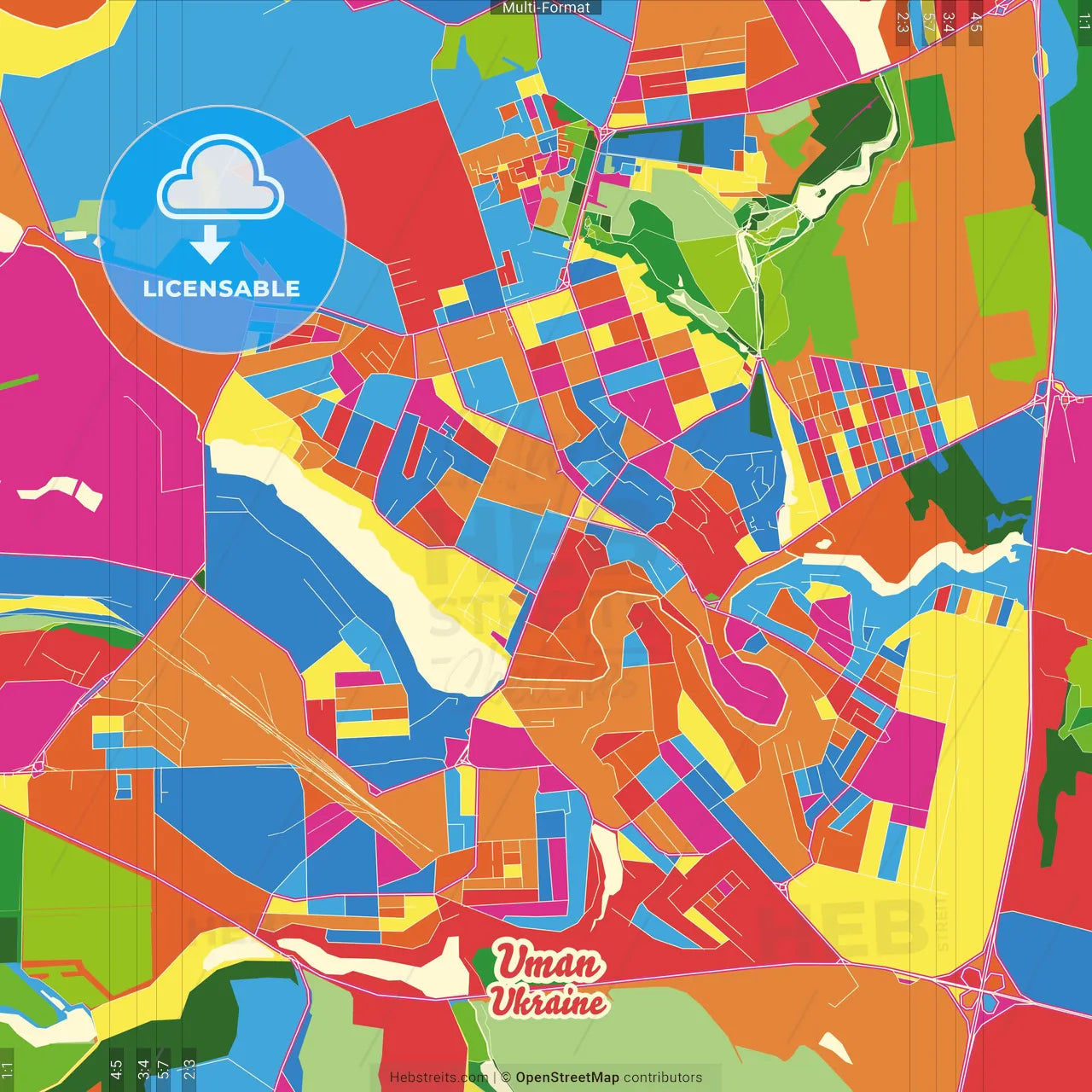 Uman, Cherkasy Oblast, Ukraine Crazy Colorful Street Map Poster Template