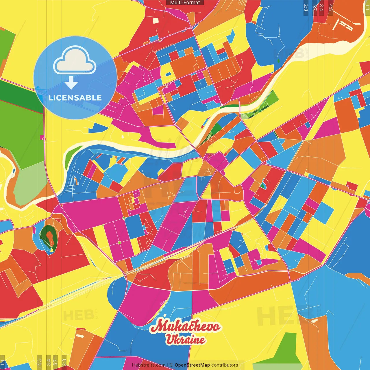 Mukachevo, Zakarpattia Oblast, Ukraine Crazy Colorful Street Map Poster Template
