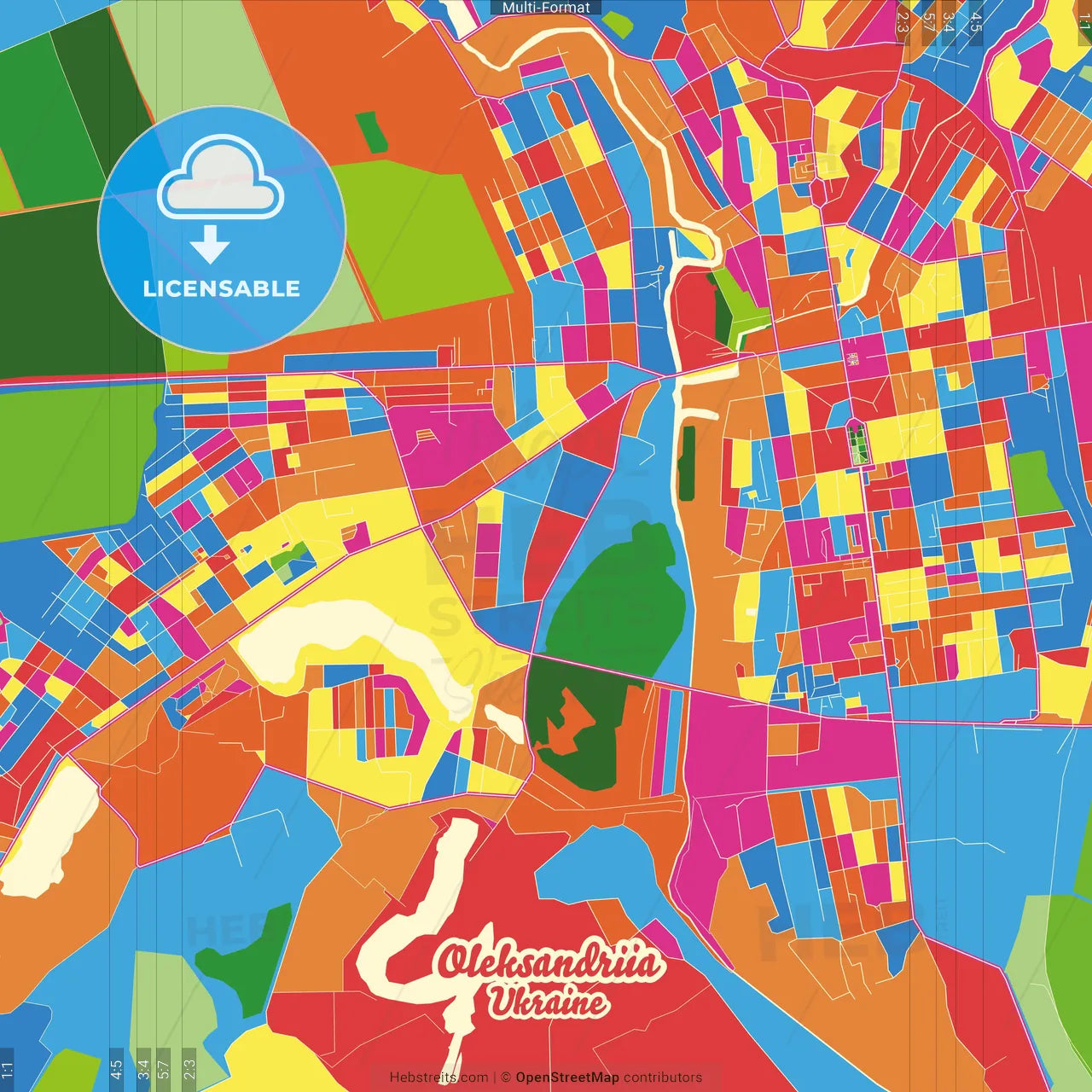 Oleksandriia, Kirovohrad Oblast, Ukraine Crazy Colorful Street Map Poster Template