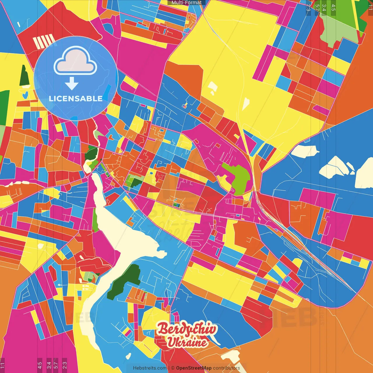Berdychiv, Zhytomyr Oblast, Ukraine Crazy Colorful Street Map Poster Template