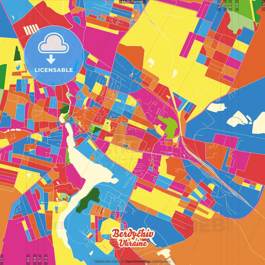 Berdychiv, Zhytomyr Oblast, Ukraine Crazy Colorful Street Map Poster Template