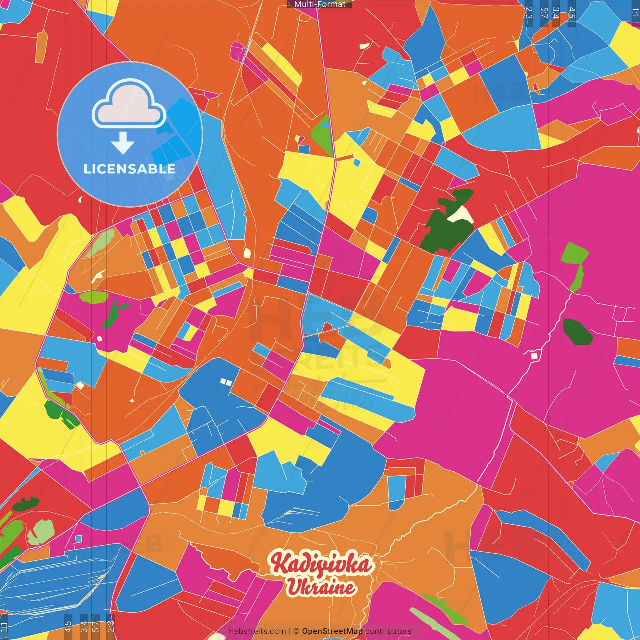 Kadiyivka, Luhansk Oblast, Ukraine Crazy Colorful Street Map Poster Template