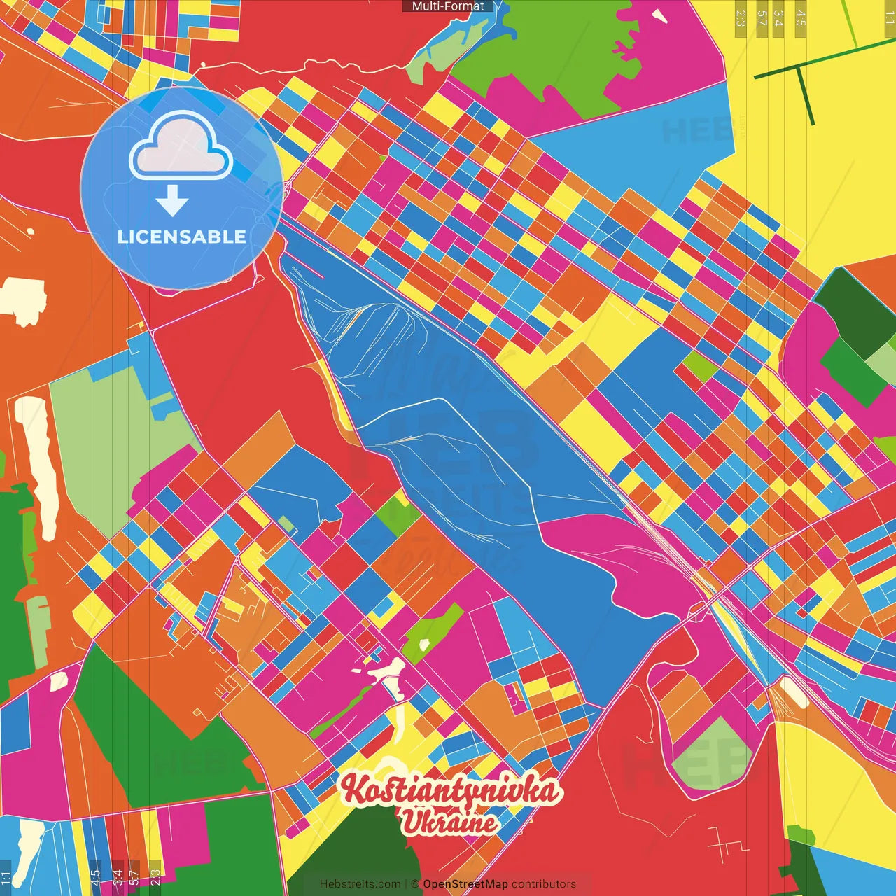 Kostiantynivka, Donetsk Oblast, Ukraine Crazy Colorful Street Map Poster Template