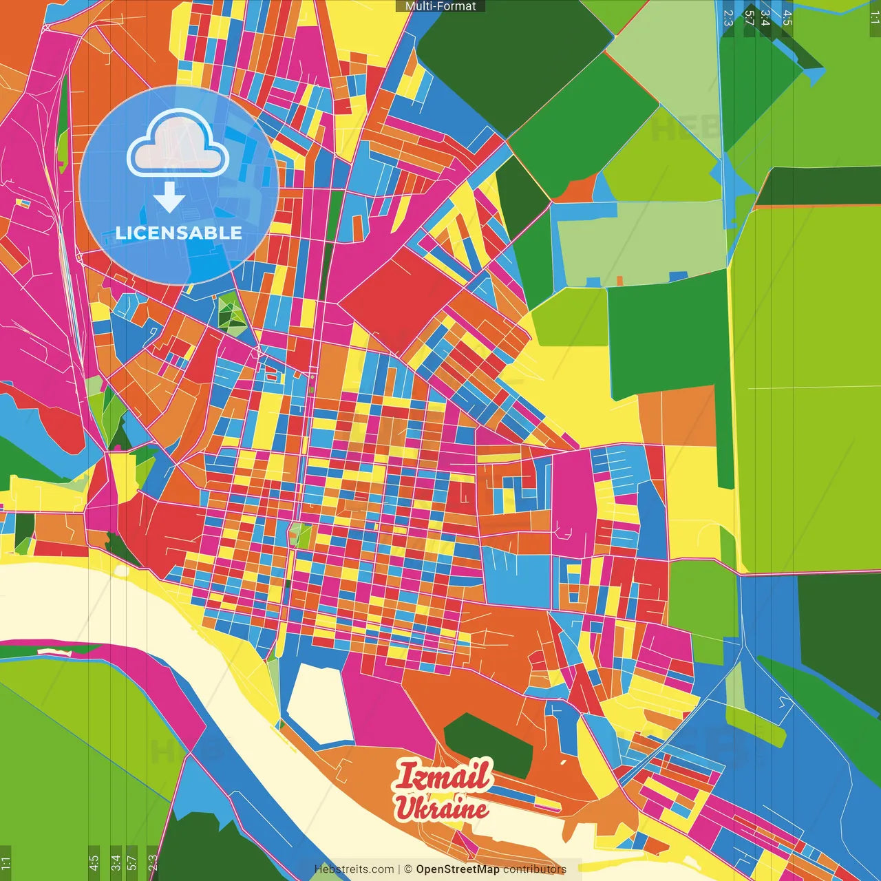 Izmail, Odessa Oblast, Ukraine Crazy Colorful Street Map Poster Template